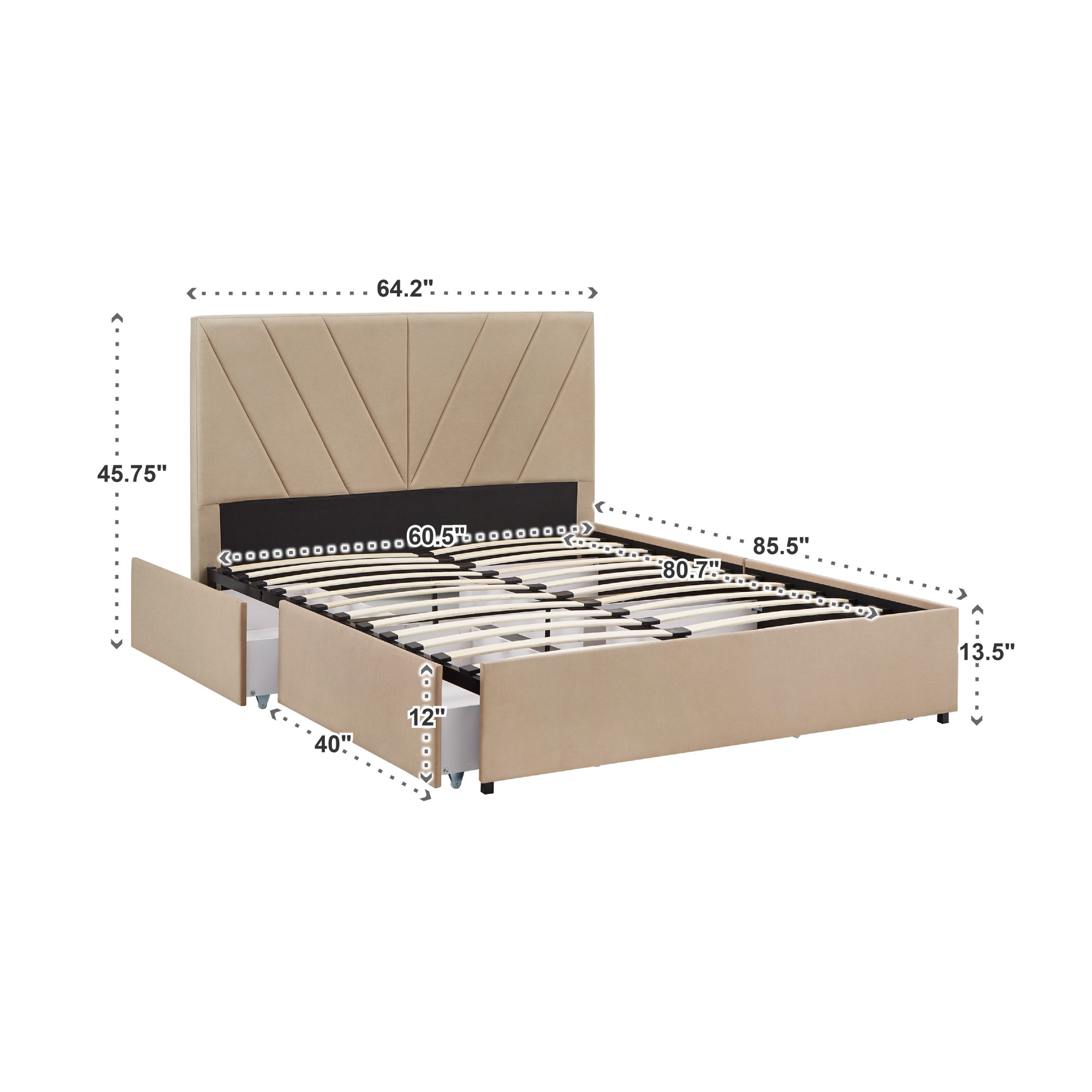 Weston Home Gaylen Linen V-Channel Headboard Storage Platform Bed, Queen, Beige