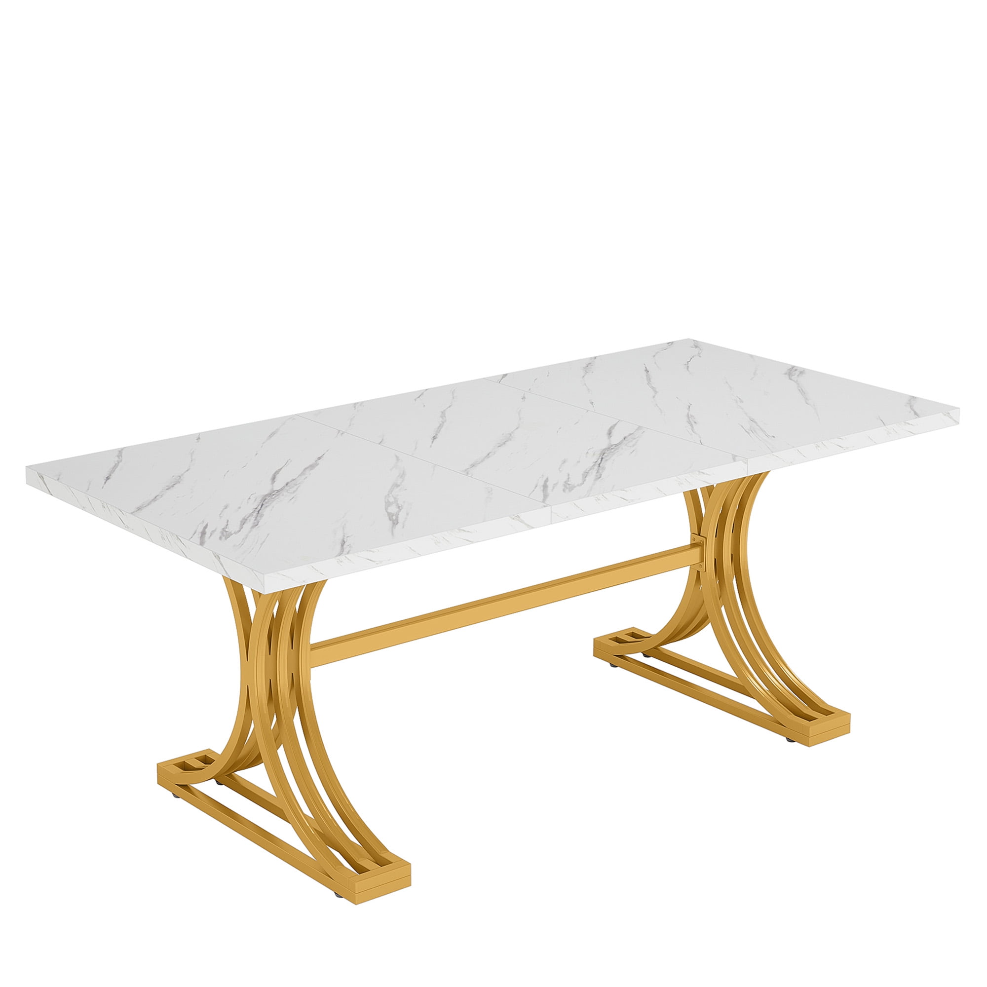 KIOOTTO 63" Executive Office Desk, Faux Marble Computer Workstation with Curved X-Frame, White & Gold