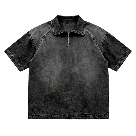 Arlun Mens Solid Color Style Washed Distressed Oversized T-Shirts 1/4 Zipper V-Neck Short Sleeve Tops Vintage Loose Fit Spring and Summer Casual Polo Shirts Black XL