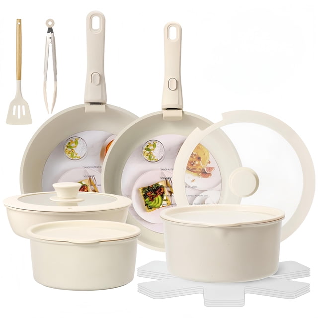Sartenes antiadherentes juego de 17 ollas con mango desmontable batería de cocina apta para autocaravanas lavaplatos y horno blanco