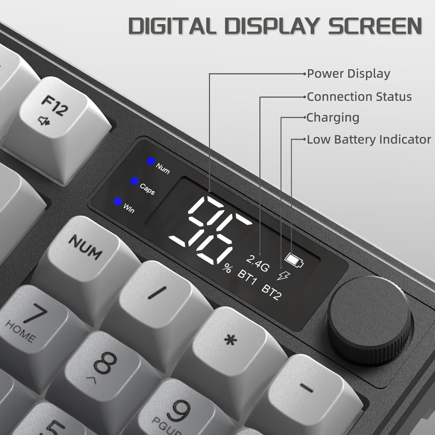 FREEWOLF M96 Wireless Gaming Keyboard Creamy Membrane with Rainbow Backlight,Media Knob,LCD Screen,Dual Mode-Bluetooth/2.4Ghz,Ball Shape PBT Keycap 94 Key...
