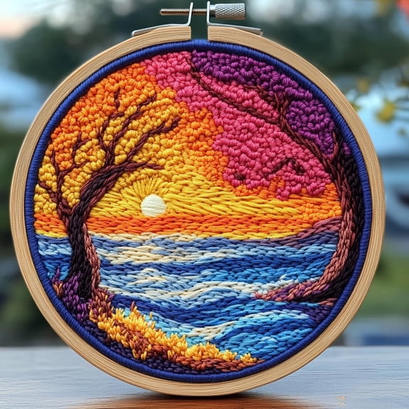 DIY Punch Needle Kits for Beginners Seaside Sunset and Tree Scenery with Hoop Punch Needle Starter Craft Embroidery Set Easy for Adults and Children Festival Gift and Decoration 20x20cm-1