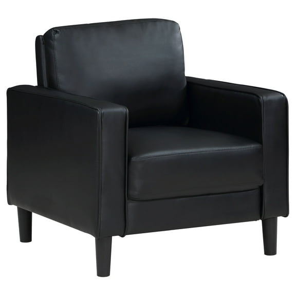 Rumi Accent Chair, Black Faux Leather, Modern Track Arms, Foam Cushions