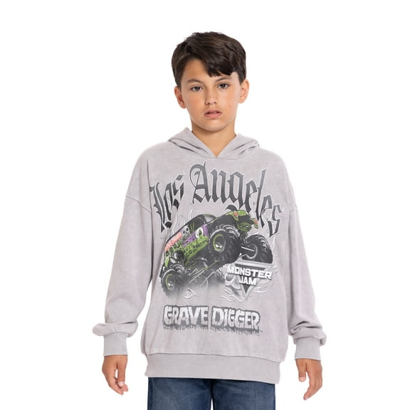 Monster Jam Boys' Grave Digger Graphic Mineral Wash Hoodie Sweatshirt with Long Sleeves, Sizes 4-18