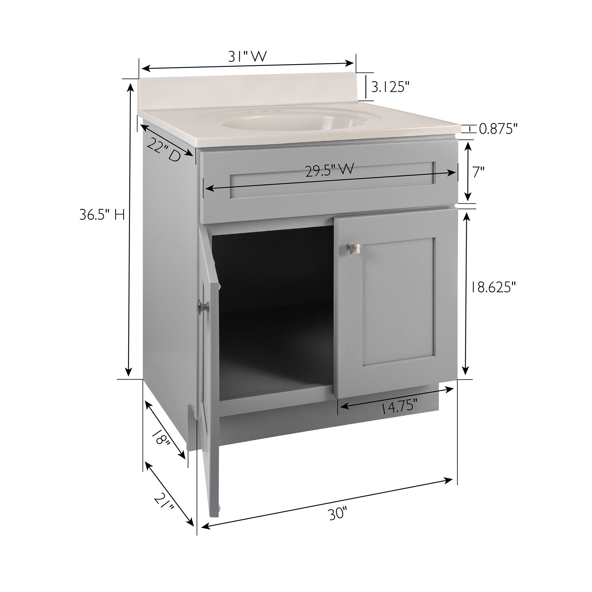 Design House 597682 Brookings Shaker 2-Door Bathroom Vanity with Cultured Marble 4 inch Centerset White on White Top, Unassembled, 31x22, Gray