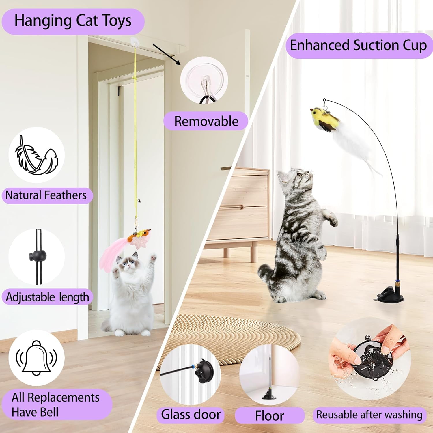 Flying Bird Cat Toys - Wooden Cats Wand Toy Fishing Pole Cat Bird Toys Replacements, Interactive Suction Cup and Door Hanging Cat String Toys for Indoor Cats