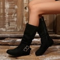 thumbnail image 4 of Women Ruched Knee High Boots, Double Metal Buckle Strap Side Zip Faux Suede Tall Boots, Low Flat Heel Slouch Long Boots Black 5.5(36), 4 of 8