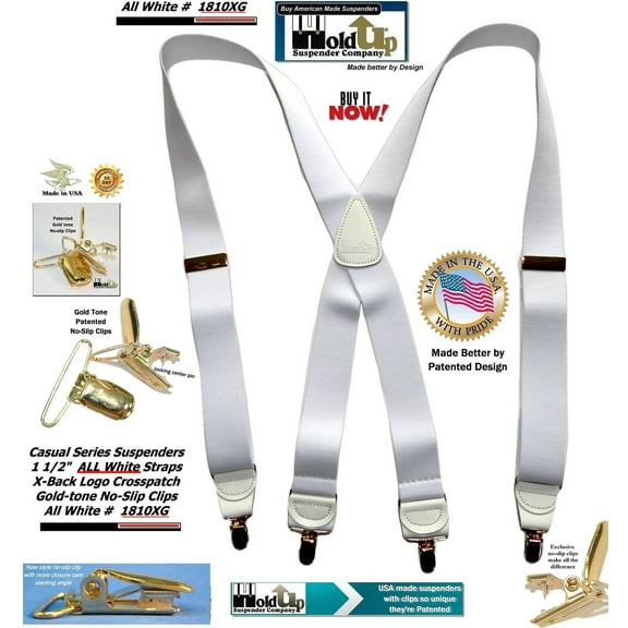 Holdup All White American made Casual Series X-back Suspenders with Patented No-slip Gold-tone clips