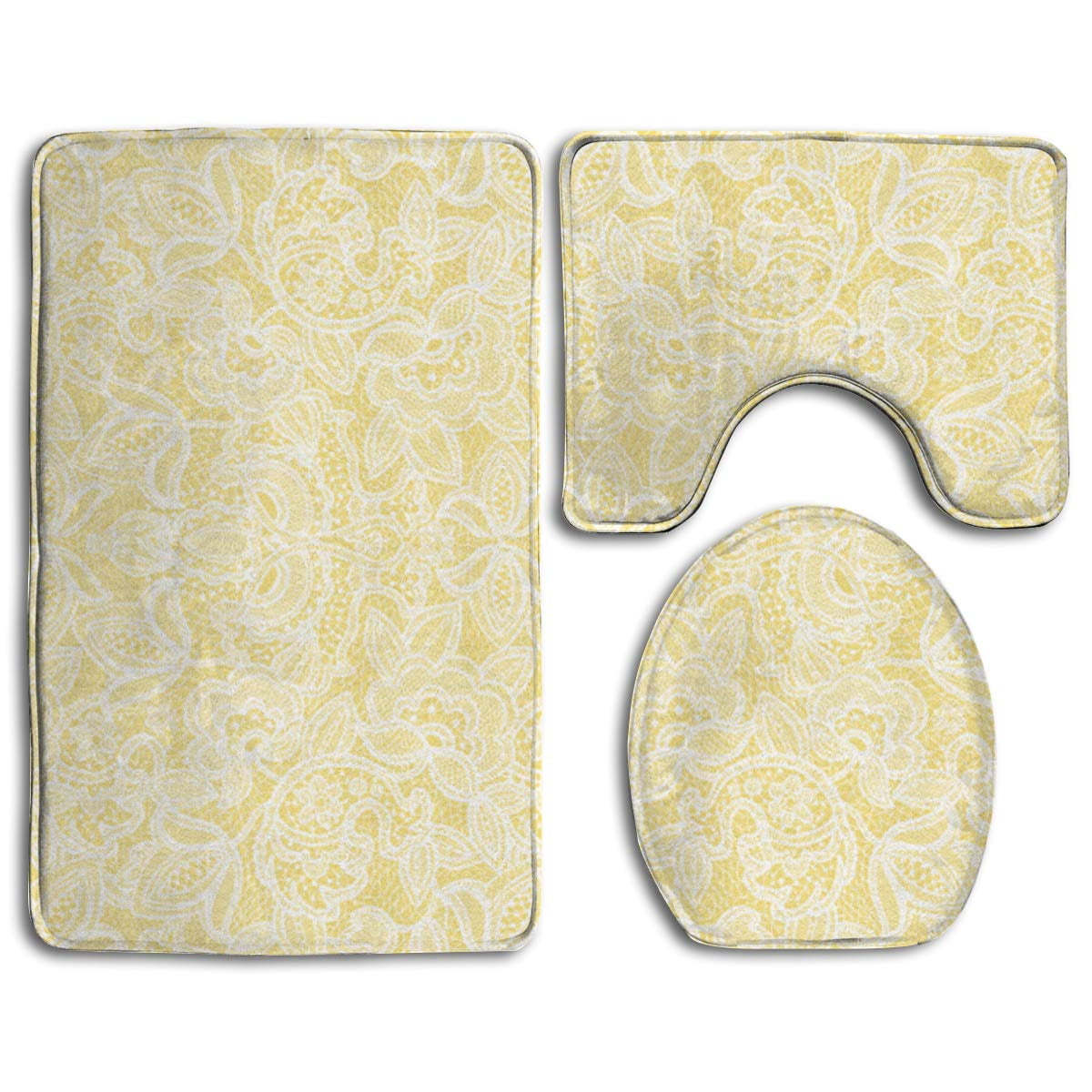 PUDMAD Bathroom Rug Mats Set 3pcs Soft Yellow Lace 3 Piece Bathroom