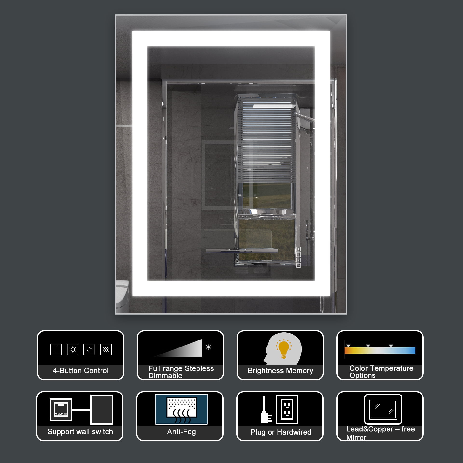 HAUSCHEN HOME 36x28 inch LED Lighted Bathroom Wall Mounted AntiFog