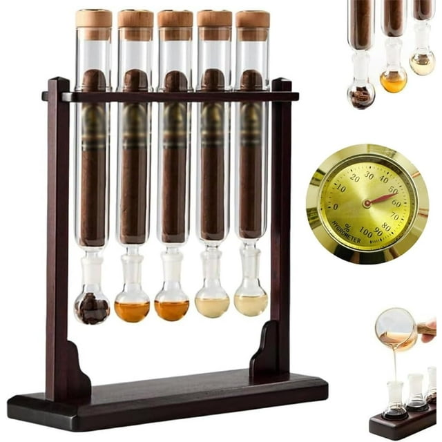 Cigar Flavor Injector Humidifier Kit, Handmade DIY Cigar Infuser Glass Tube Set with Wooden Base, Hygrometer & Airtight Caps, Whiskey Rum Aromatherapy Infusion Display for Cigar Lovers(L-5PC)