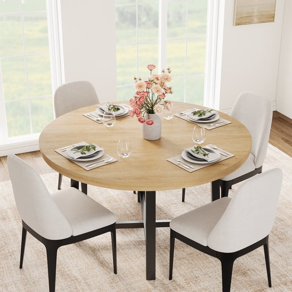47" Round Dining Table for 4-6 – Sturdy Wood Kitchen Table with Durable Metal Frame – Farmhouse Rustic Brown Circle Table for Dining Room or Kitchen – Space-Saving – Natural Wood Color 50 (No Chairs)