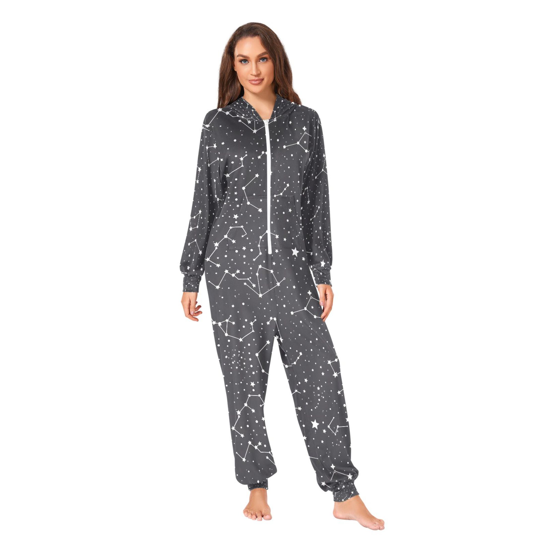 Adult Christmas Onesie Stars Constellation Starrysky Adult Zipper One-Piece Pajamas Unisex Pajamas with Pockets