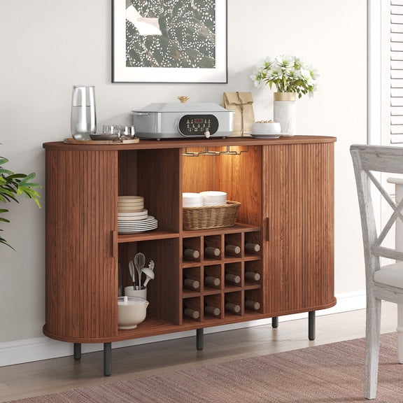 ROGALIS 55" Wine Bar Cabinet with LED Light,Modern Liquor Whiskey Coffee Station with Wine Rack and Glass Holder, Farmhouse Large Buffet Sideboard for Dining Room, Living Room, Kitchen,  Walnut