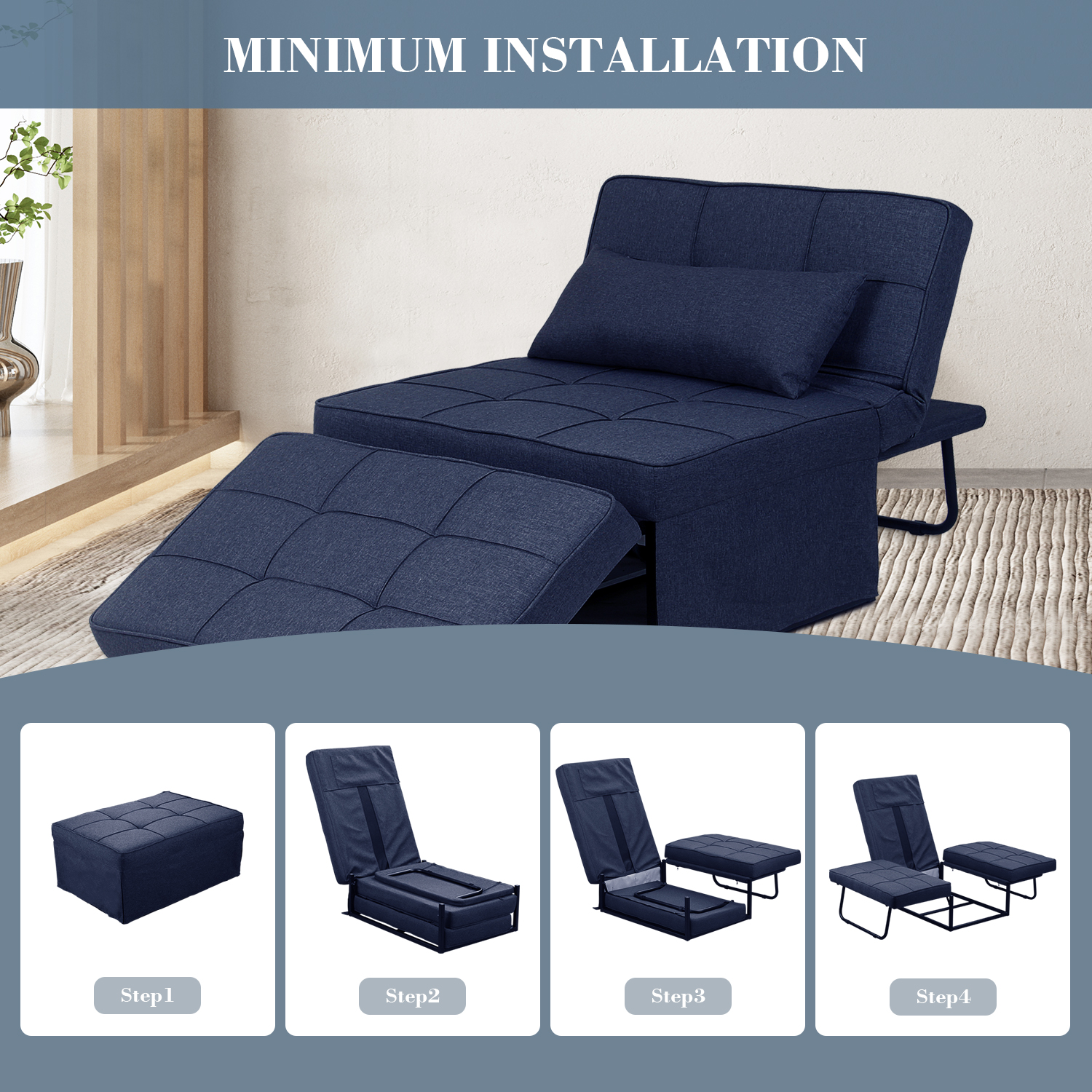 Ainfox 4-in-1 Convertible Ottoman Sofa Bed, Blue photo 4
