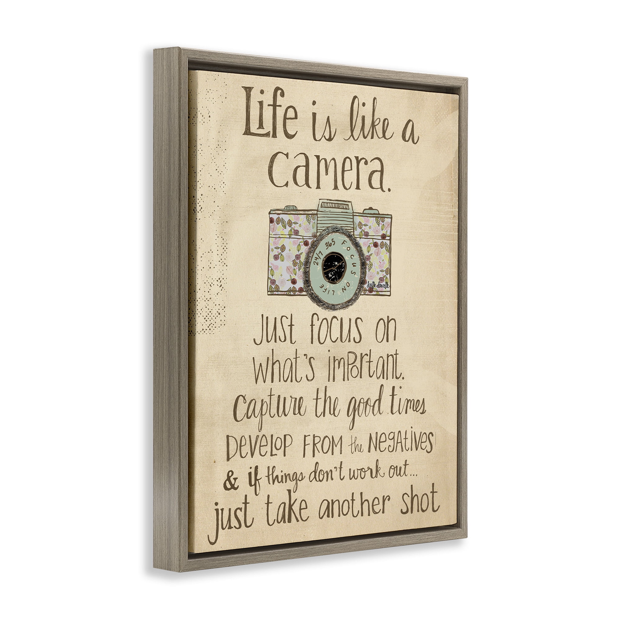 Stupell Industries Life Is Like A Camera Inspirational Inspirational Painting Brown Floater Framed Canvas Art Print Wall Art, 17 x 21