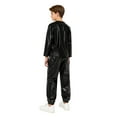 thumbnail image 4 of YiZYiF Kids Shiny Metallic Jazz Hip Hop Dance Outfit 2-Piece Long Sleeve T-Shirt and Harem Pants Set Black 100, 4 of 7