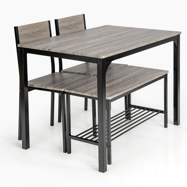 Giantex Dining Table Set for 4, Kitchen Table with 1 Bench and 2 Chairs, Modern Functional Desk Set for Bedroom Study Room, Grey