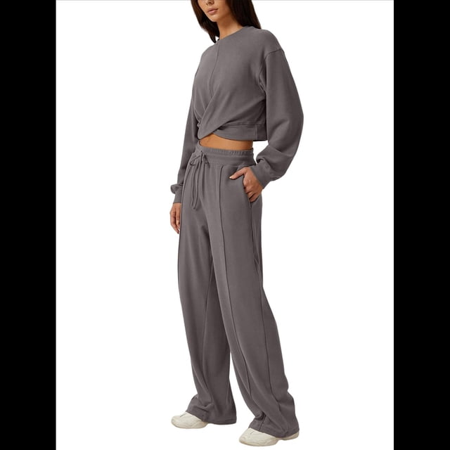 Conjunto de Chándal de 2 Piezas para Mujer: Sudadera Corta con Parte Delantera y Pantalón Deportivo de Pierna . Conjunto de Estar por Casa. Gris XXL