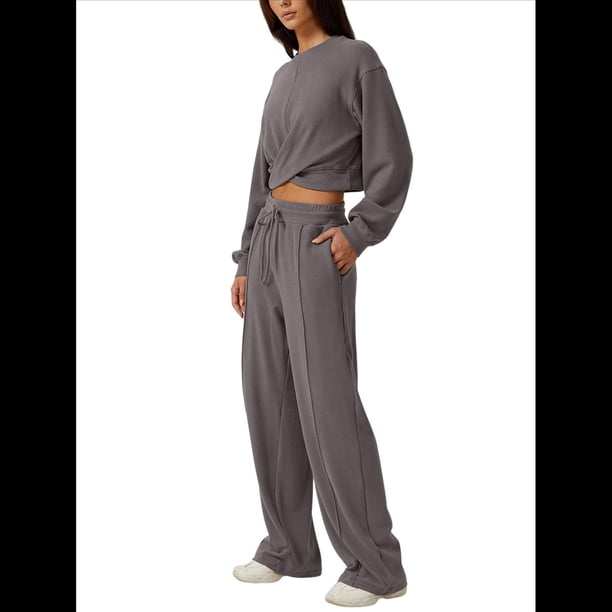 Conjunto de Chándal de 2 Piezas para Mujer: Sudadera Corta con Parte Delantera y Pantalón Deportivo de Pierna . Conjunto de Estar por Casa. Gris L
