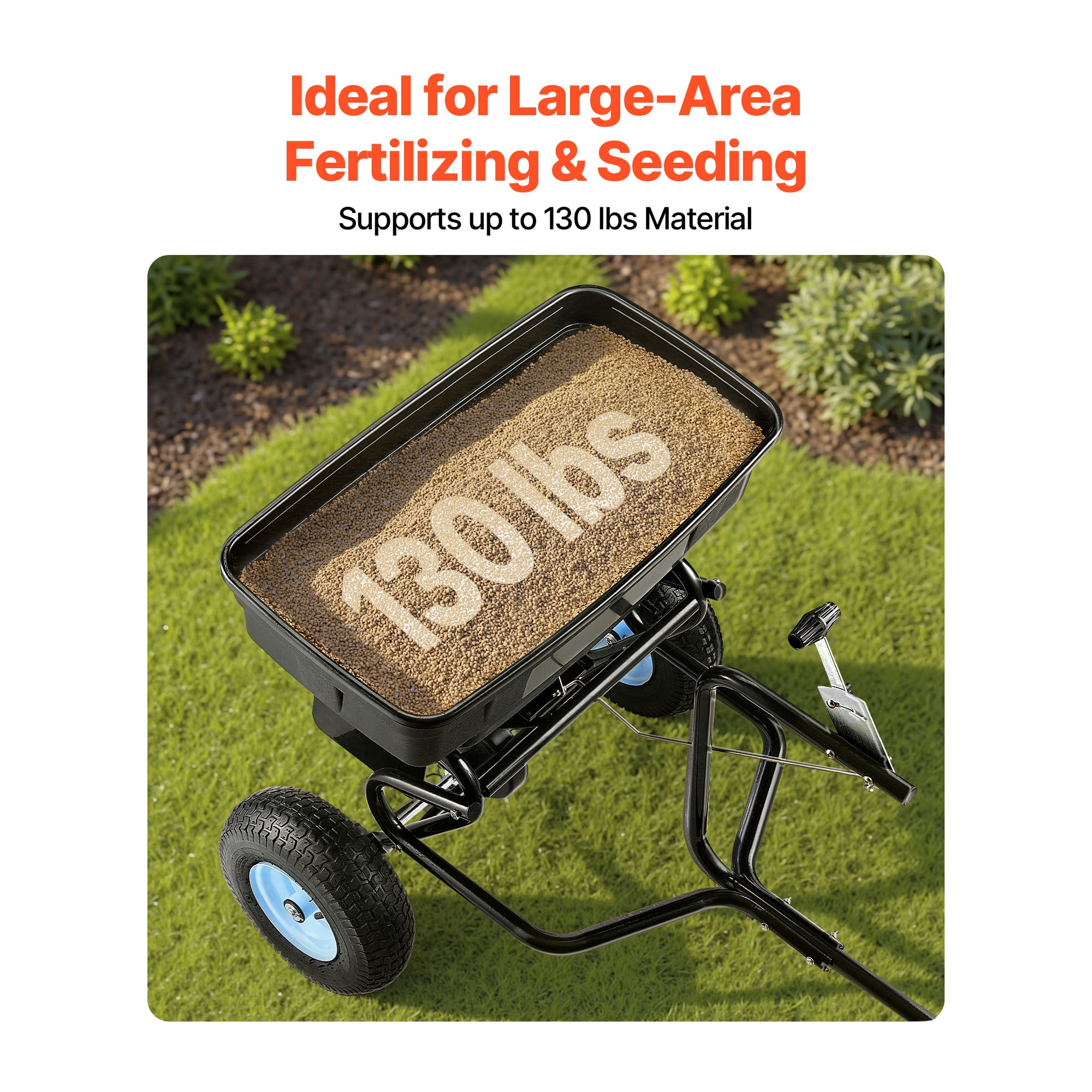 KFFKFF Tow-Behind Broadcast Spreader Garden Fertilizer Seeder, Steel & PP Material, 130 lbs Capacity