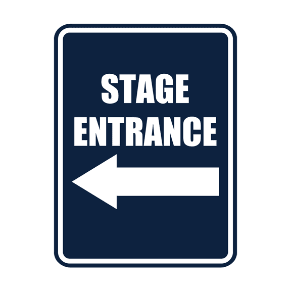 Signs ByLITA Portrait Round Stage Entrance Left Arrow Door or Wall Sign Easy Installation | Directing Artists & Co-Workers | Music | Concert | Festivals Sign (Navy Blue / White) - Large