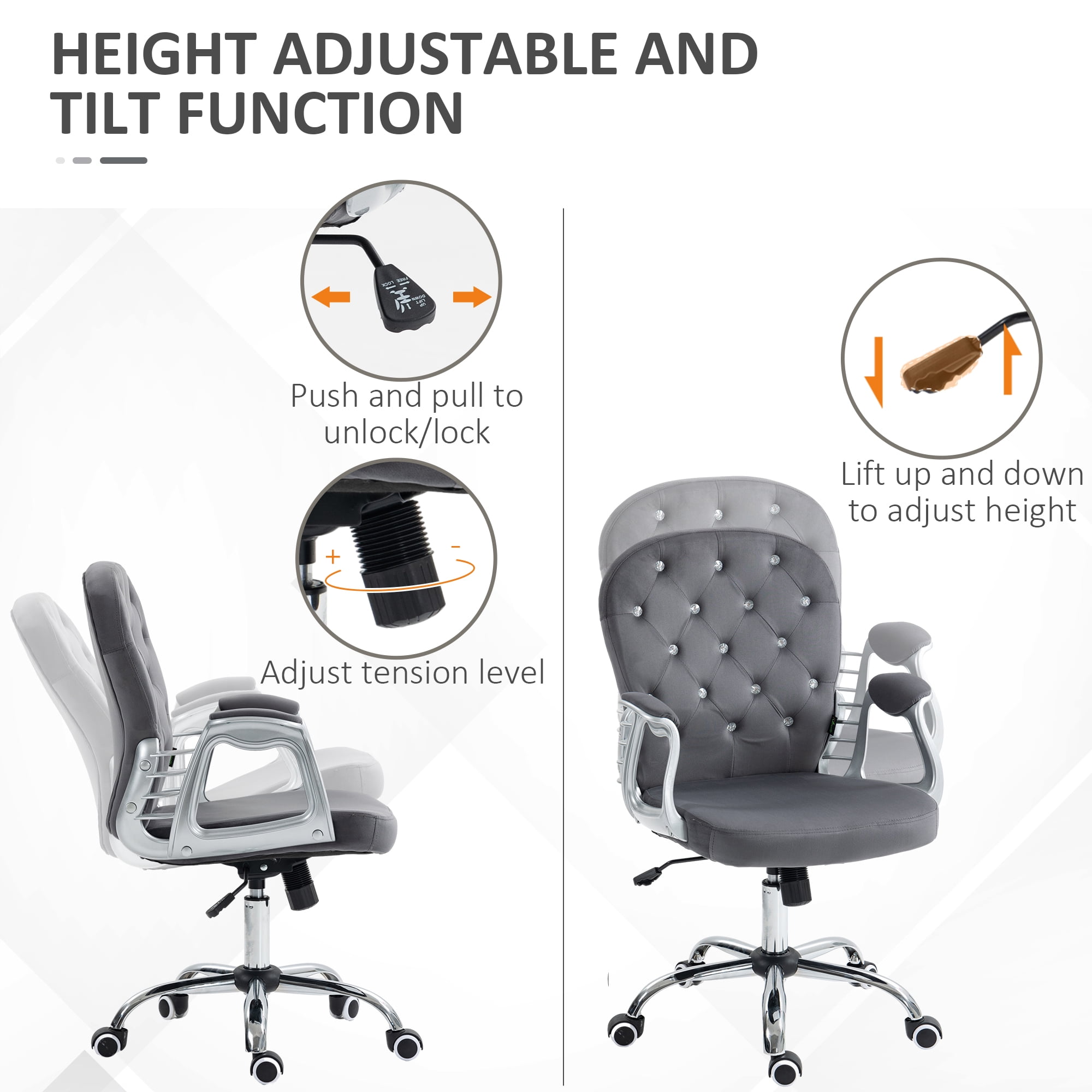 Vinsetto Button Tufted Home Office Chair with Adjustable Height Armrests