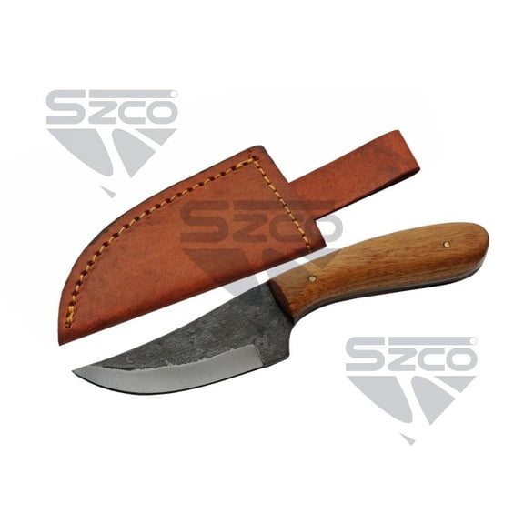 SZCO 7" Forged Saddlewood Skinner, Slim Camping Knife, Stainless Steel Blade With Leather Sheath