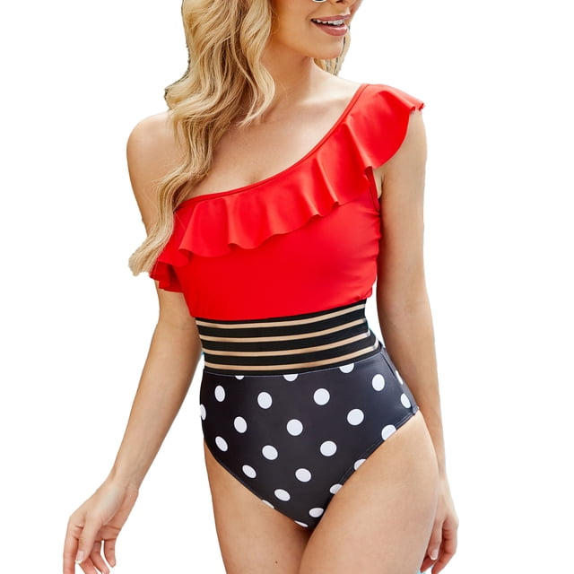 Traje de baño de una pieza para mujer, traje de baño elástico transpirable con espalda descubierta y un hombro para fiesta en la playa, lunares rojos XL