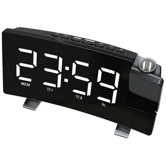 Radio reloj despertador con apagado programable, proyección, pantalla curva, doble alarma y pantalla LED de escritorio. Luz blanca