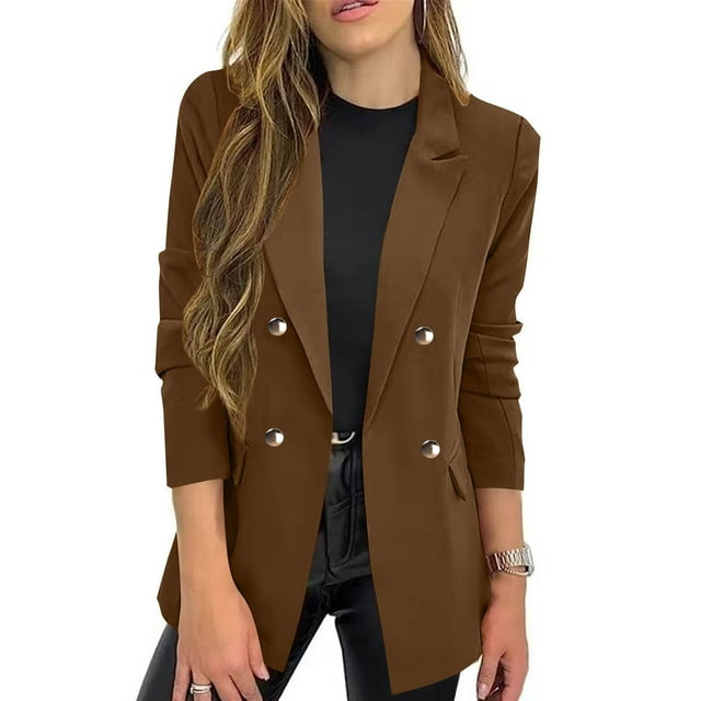 Fanxing Womens Casual Blazer Jacket Gold Button Long Sleeve Work 0ffice Blazer Lapel Open Front Jacket Brown 2XL