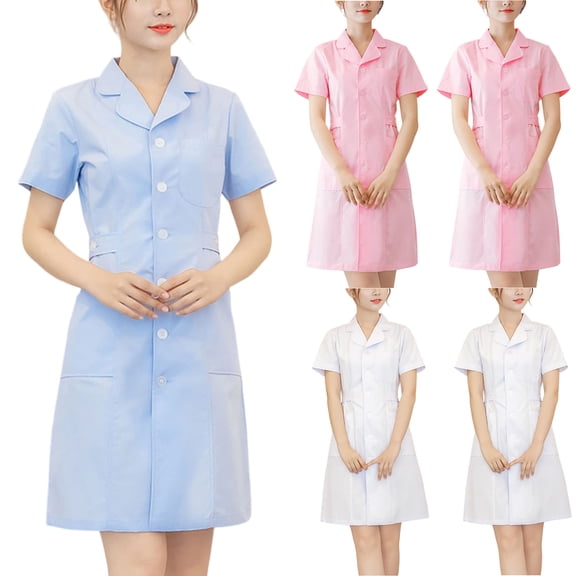 UDAUDU Nurse Scrubs Dress for Women Short Sleeve Formal Lapel Neck Button Down Work Dress Summer Comfy Nursing Uniform Blue XL