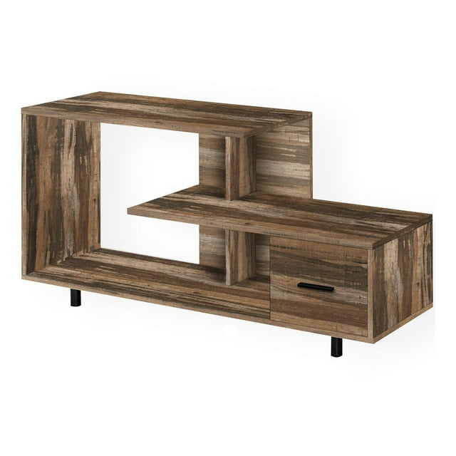 48-inch Monarch Specialties modern brown laminate TV stand featuring open shelving and a single storage drawer for media organization.