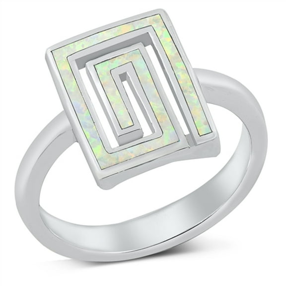 CHOOSE YOUR COLOR White Simulated Opal Greek Key Maze Ring .925 Sterling Silver Band CZ Female Size 7