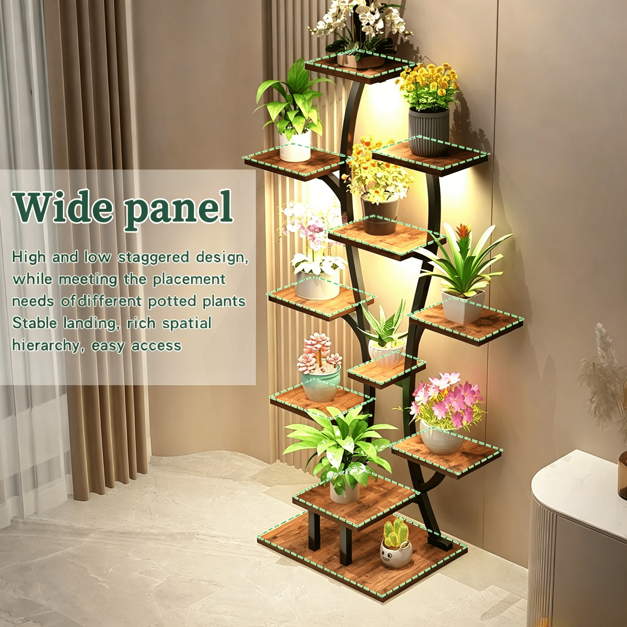 Metal Indoor Plant Stand with Full Spectrum LED Grow Light, Multi-Tier Plant Flower Display Rack, Plant Shelf for Living Room Bedroom Patio Home Decor