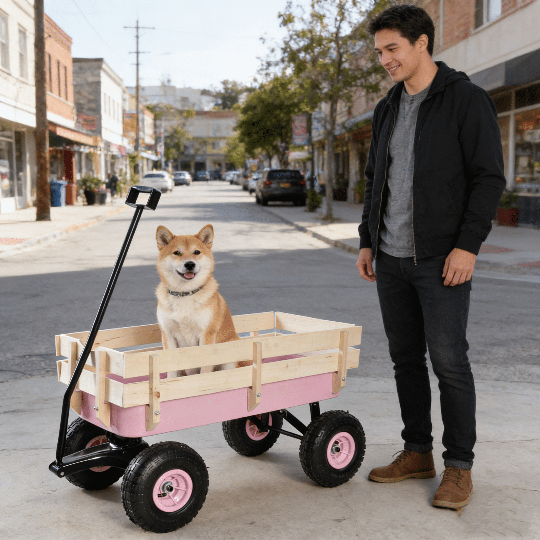 Outdoor Wagon All Terrain Garden Cart Wood Railing 10 Inch Pneumatic Air Tires 176 LBS Load Capacity Iron Frame Foldable Handle For Yard Garden Lawn Hauling