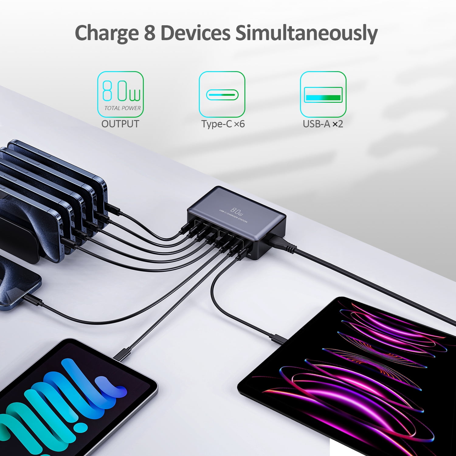 80W Usb C Charging Station, 8-Port Usb C And Usb A Multi Port Desktop Charger Adapter Plug Cube, 4-Foot Power Cord, Desktop Charging, Mobile Phone, Digital Fast Charging, Tablet Computer