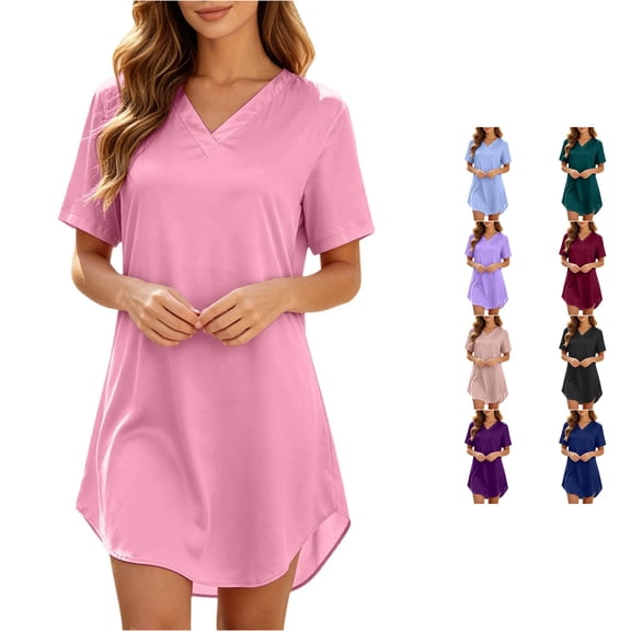 XIAONU Womens Solid Color V Neck Night Dress Short Sleeve Curved Hem Bedroom Sleep Gown
