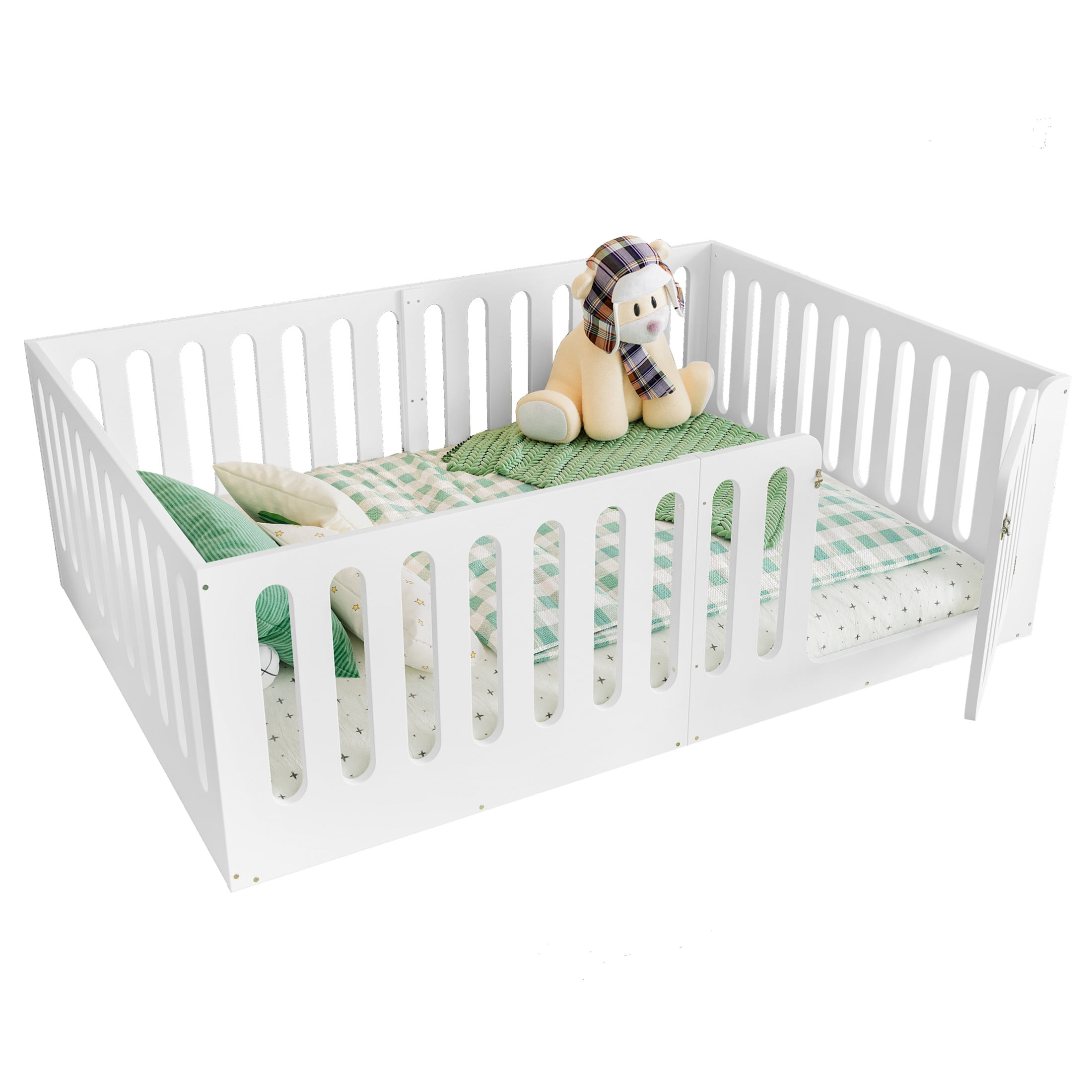 Noble House Full Size Montessori Floor Bed with High Fence, Solid Wood Kids Bed Frame, White