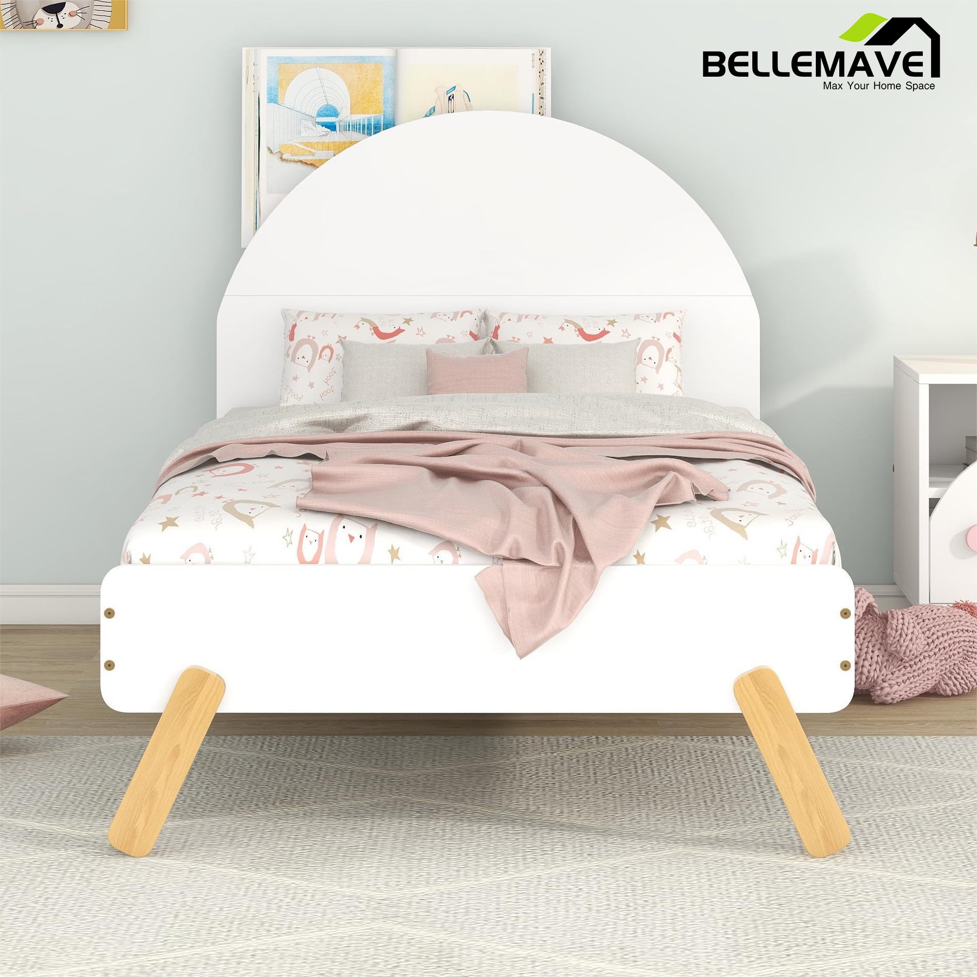 Bellemave White Twin Size Platform Bed With Cute Curved Headboard for Kids Child Teen, Cute Twin