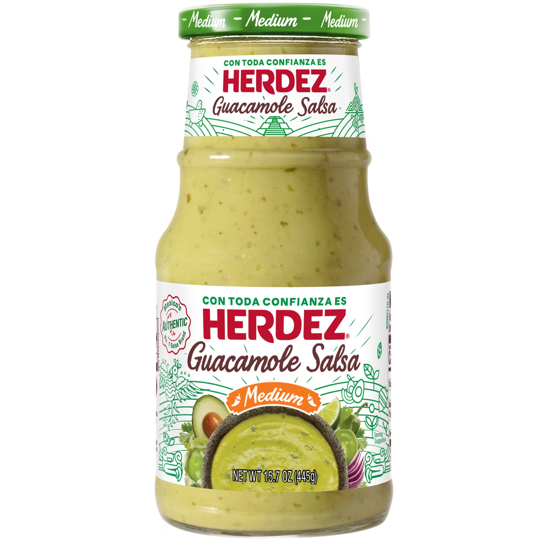 HERDEZ Guacamole Salsa Medium, Tortilla Chip Dip, Shelf Stable, 15.7 oz Glass Jar