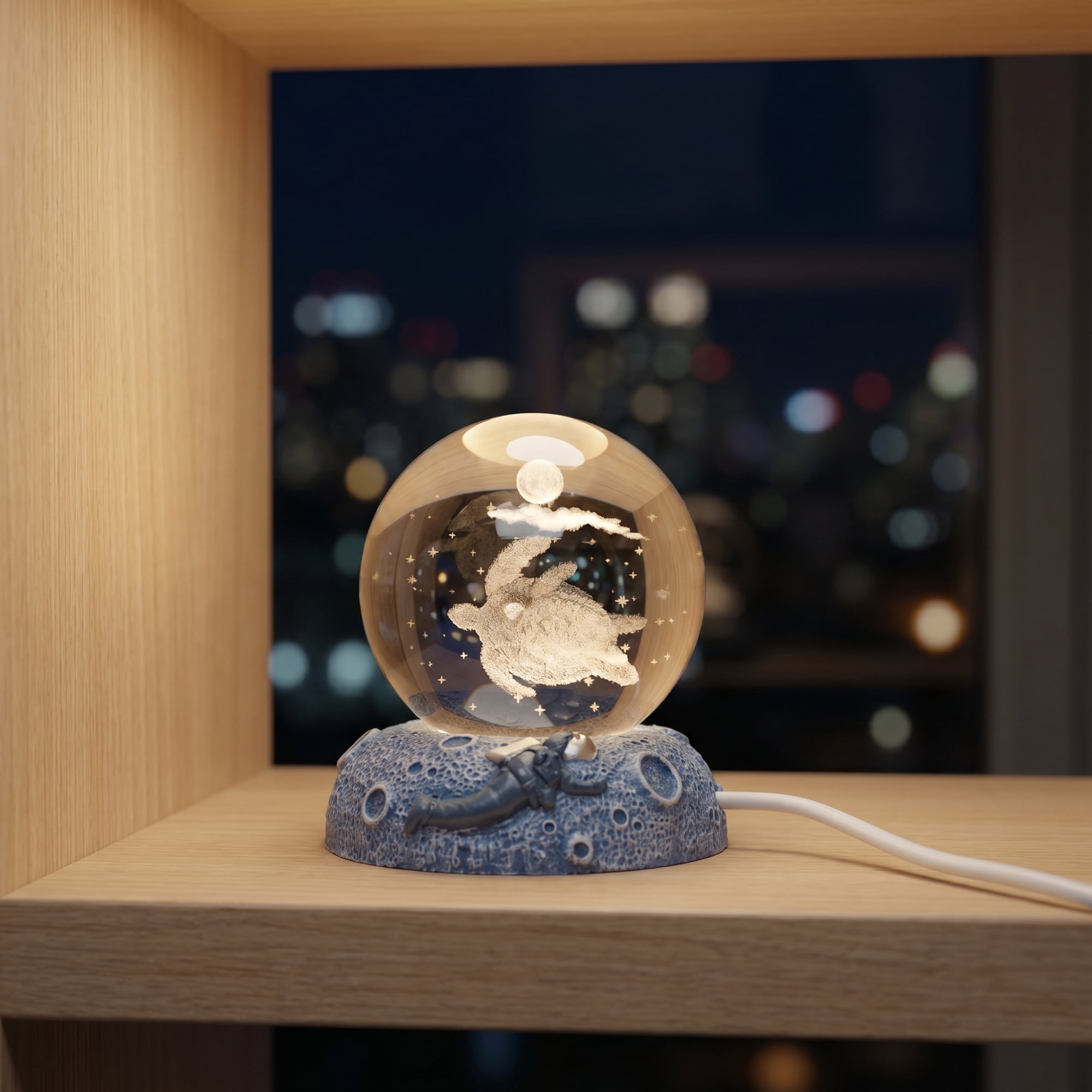 Unique Bargains Glowing Crystal Ball Figurine 3D Glass Ornament with LED Light Base Blue Style G 2.4"x2.4"x3.1"