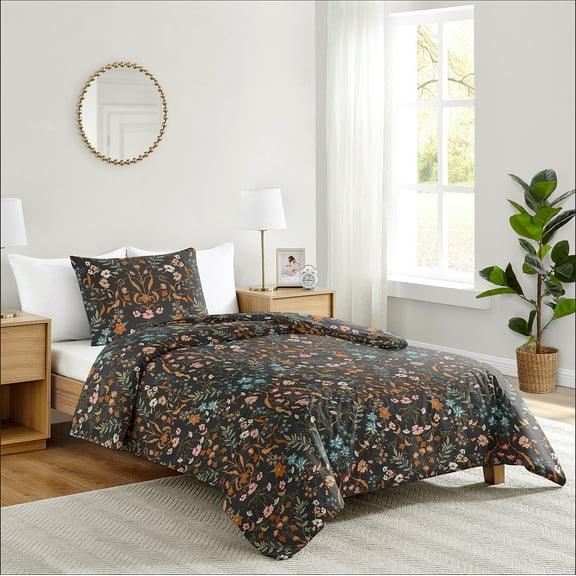 Sweet Jojo Designs Boho Floral Wildflower Black and Orange Girl Twin Bed Comforter Bedding Set 2 Piece