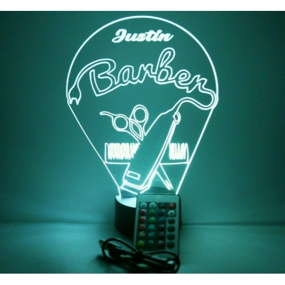 Barber Shop Barbershop Cut Groom Comb Chair Scissors Shave Men Night Light Up LED Free Engraved Custom Name Personalized Desk Table Lamp Room Decor, With Remote, 16 Color Options, It's WOW, Great Gift