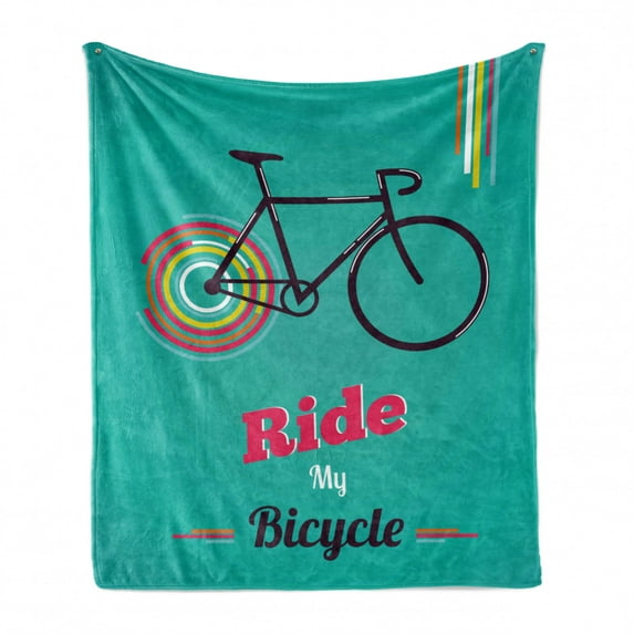 Vintage Soft Flannel Fleece Throw Blanket, Ride My Bicycle Theme Poster Style Retro Bike Hipster Art Illustration, Cozy Plush for Indoor and Outdoor Use, 70" x 90", Teal Hot Pink Black, by Ambesonne