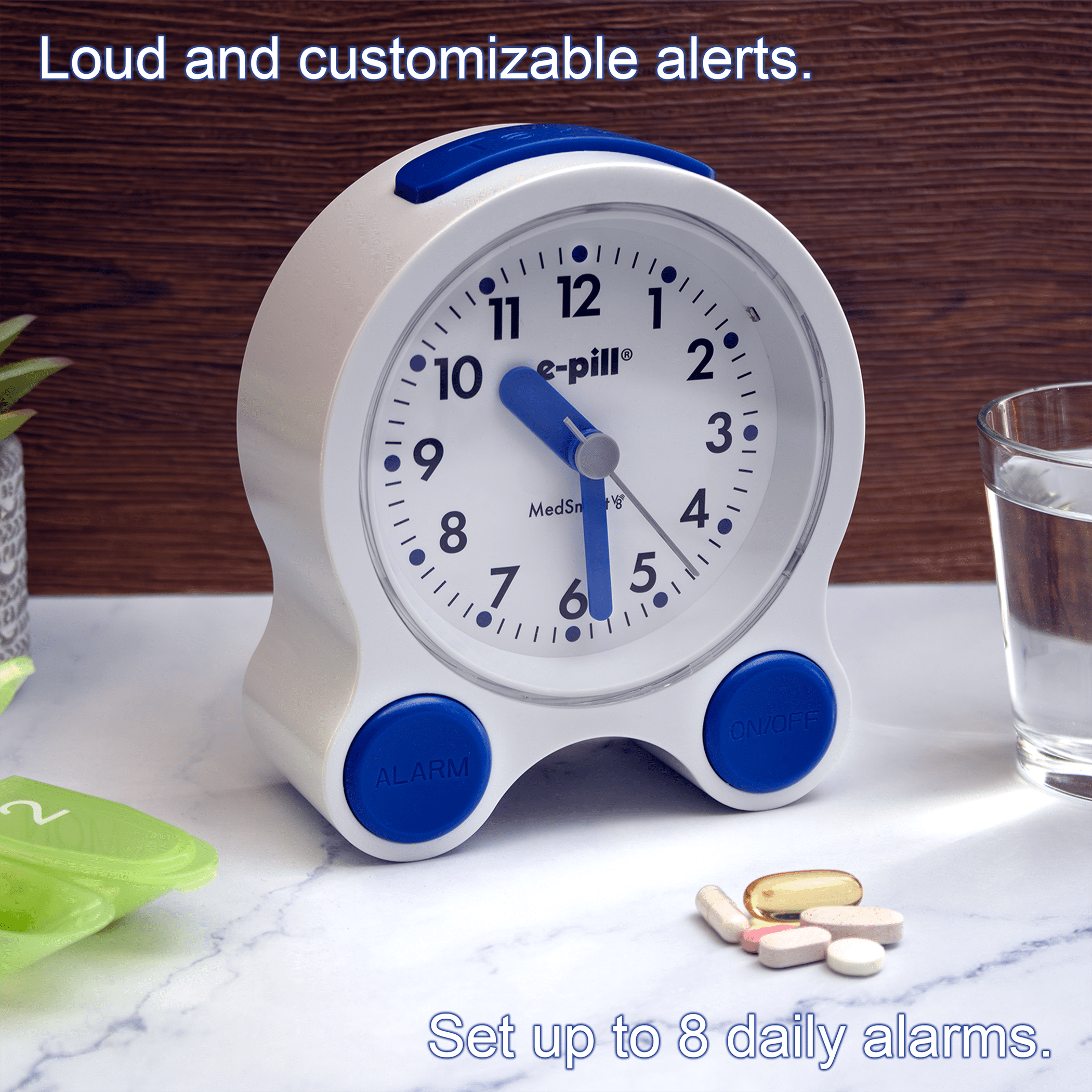 e-pill MedSmart V8 Talking Atomic Clock with 8 Medication Reminders and Personalized Voice Alarm