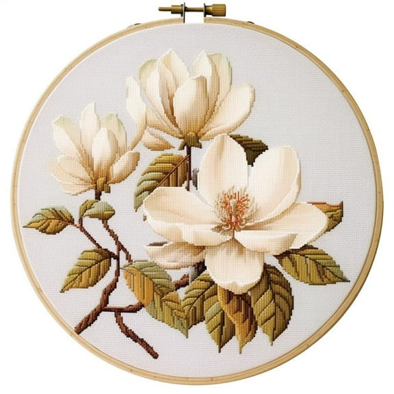 White Magnolia Flower Stamped Cross Stitch Kits for Beginners Easy with Hoop 11CT Needlepoint Embroidery DIY Counted Cross Stitch Kits Art Craft Wall Decor 35x35cm(6)