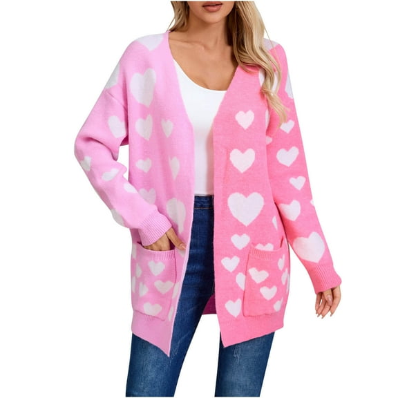Kilaqueen Oversized Cardigans for Women Valentine Cute Love Print Open Front Knit Cardigan Sweaters Casual Trendy Versatile Cardigan