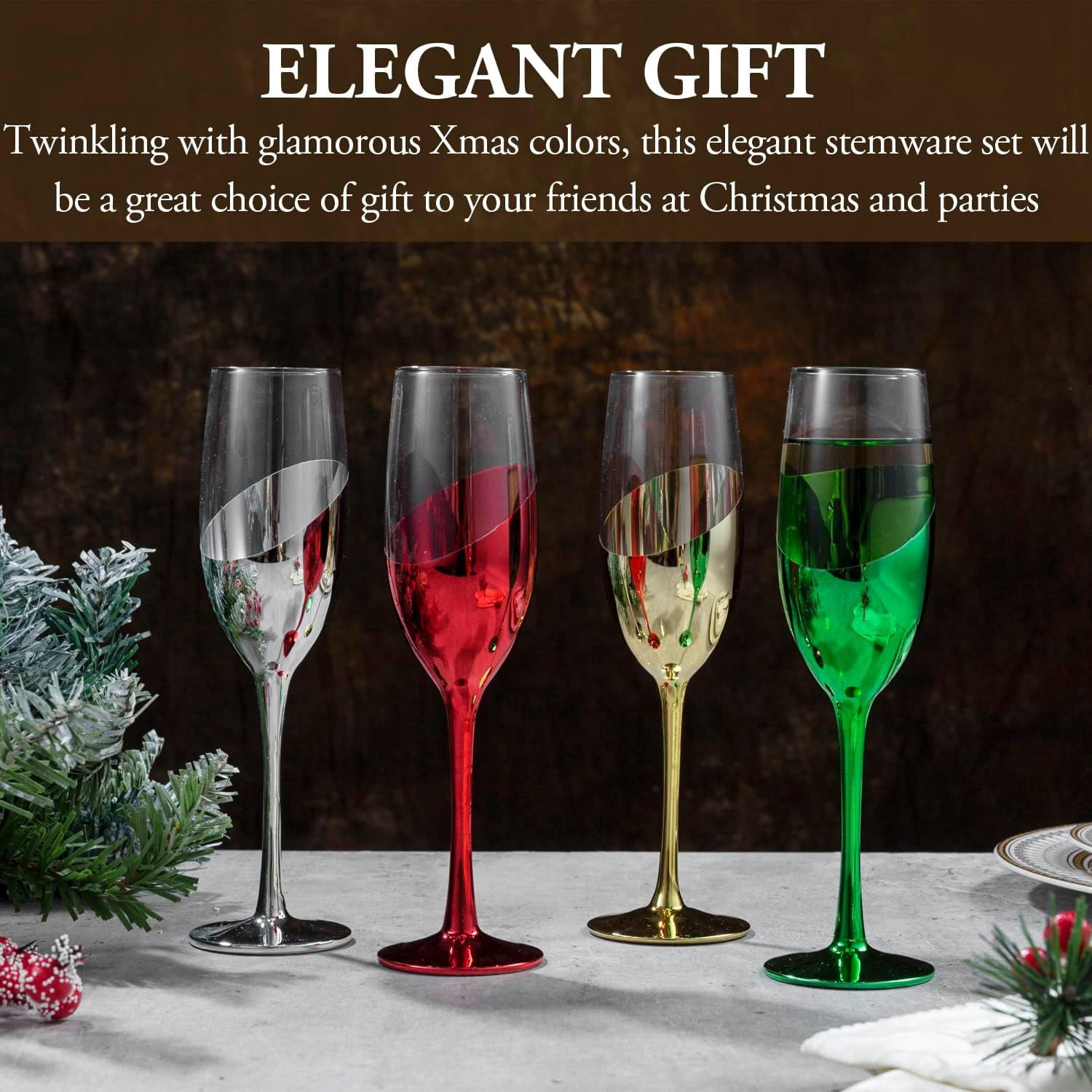 MyGift Set of 4 Multicolor Stemmed Champagne Flutes 6 oz Slanted Design Gold Silver Red Green Toasting Glasses for Holiday Parties Weddings Home Entertaining