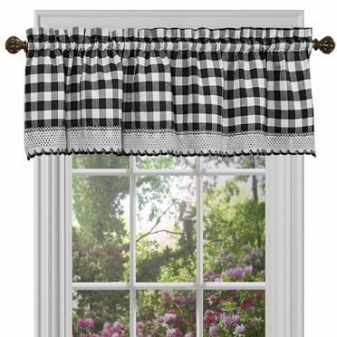Gingham Plaid Window Curtain Valance Treatment with Macrame Trim - Black